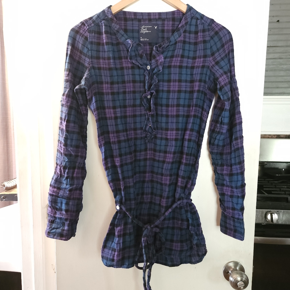 American Eagle Outfitters purple and blue plaid shirt